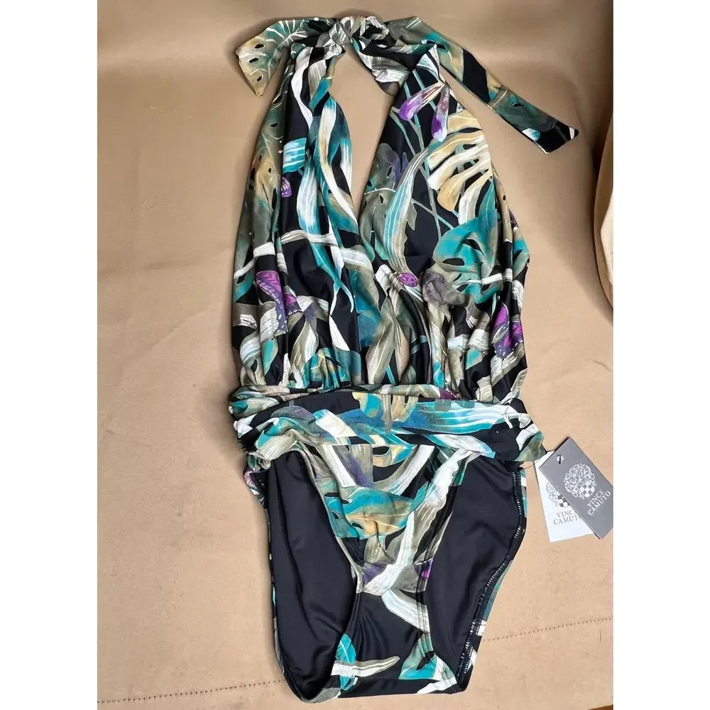 Vince Camuto Rainforest Halter Plunge One Piece Swim Suit 4 NWT